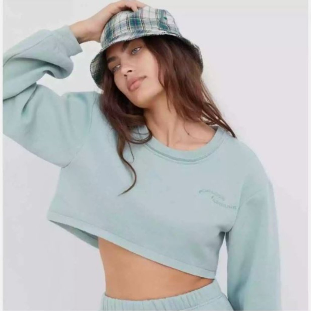Nwt For Love & Lemons Josie Light Greenblue Cropped Crewneck Pullover Sweatshirt